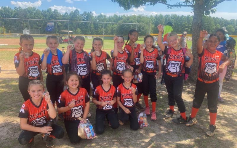 Pictured is the Hart County Little League rookie softball team that finished fourth in the state on Friday and Saturday. Pictured on the bottom row from left to right is Kayden Griffin, Angelina Mead, Charlie Roper and Amelia McGaha. Pictured on the top row from left to right is Maci Eberhardt, Kenzi Miller, Harper Hershberger, Tilley Schnell, Ellie Vaughn, Nova Grace Koffi, Amelia Hunt, Keeley Sanders and Leighonna Freeman.
