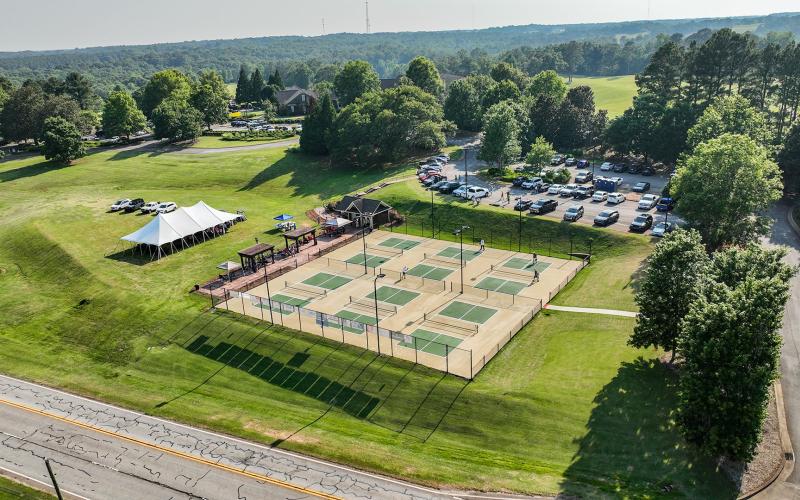 A drone shot of the Cateechee pickleball courts located off of Elberton Highway in Hartwell.