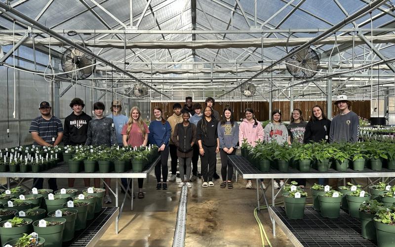 Pictured from left to right are spring horticulture students Kam Mitchell, Crew Franklin, Sevyn Singleton, Caleb Hill, Emma O’Bannon, Madison Cook, Ivan Lopez, Azaria Hickman, Zy’ere Sims, Wyatt Somers, Justice Wilkins, Jonah Ramey, Charlie Bond, Ashton King, Elizabeth Wolf, Sierra Fleeman , Dru Teel, and Justice King.
