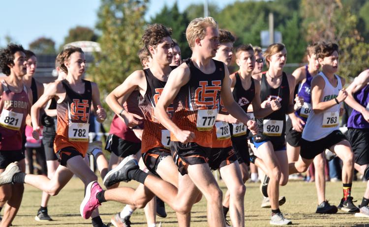 Pictured is the Hart County High School boys cross country game beginning the race at the 2023 Region 8-AAA meet in Bogart Oct. 21. Pictured in HC uniforms from left is Damien Childress (782 tag), Nate Harris, and Will Bell (777 tag). 