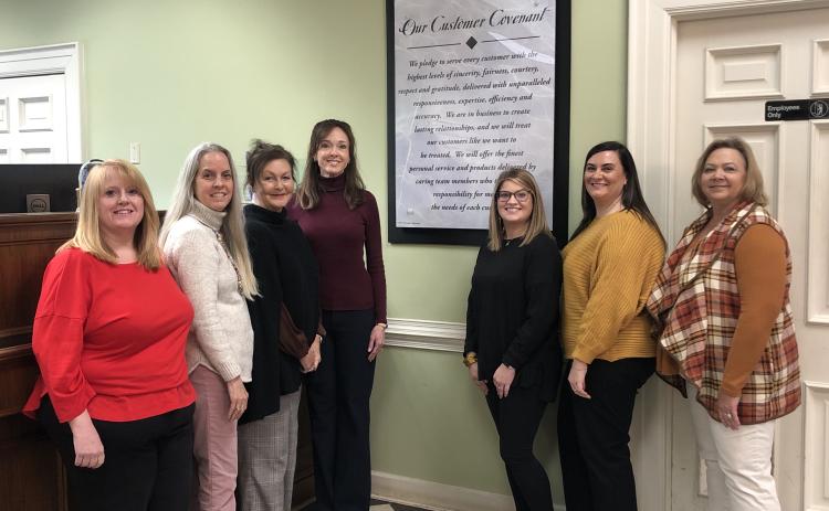 The Synovus team celebrating fifty years in Hartwell. Pictured from left is Branch Service Supervisor Marie Moseley, Licensed Relationship Banker Lynn Baker, Manager Barbara Cronic, Assistant Manager Charity Brock, Senior Teller Brittany Smith, Senior Teller Sara Eaves, and Senior Teller Felicia Peeples