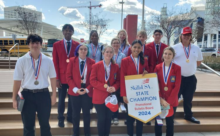 The Hart County High School SkillsUSA members who competed and earned medals at the 2024 SkillsUSA Georgia Leadership and Skills Conference in Atlanta. Pictured from left to right: Front row, Jimmy Reynolds, Phoenix Daigneault, Emily Reno, Lyzsania Badillo, Destiney Hamby, back row, Avian Heard, Terriah Bush, Bella Chapman, Lexi VanMeter, Nathan Krenzer, Ely Risner, and Gabe Hill.