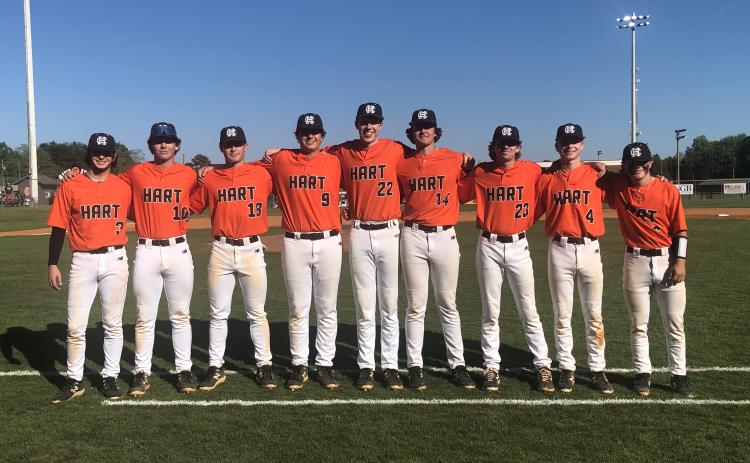 Pictured is the senior class for the Hart County High School baseball team. From left is Ethan Martin, Zach Dombrowsky, Kanyon Coulter, Owen Kesler, Avery Strickland, Brent Franklin, Will Pittman, Corbin Robertson, and Hunter King.